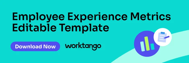 Graphic promoting 'Employee Experience Metrics Editable Template' with a 'Download Now' button, WorkTango logo, and icons of a bar chart and clipboard on a teal background.