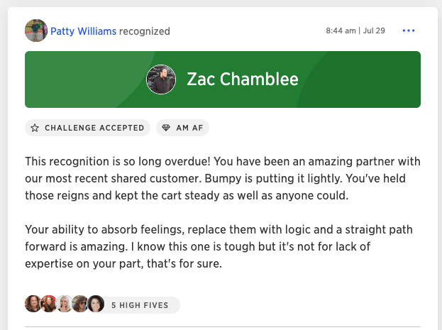 employee recognition example from Patty Williams, Kazoo's queen of recognition