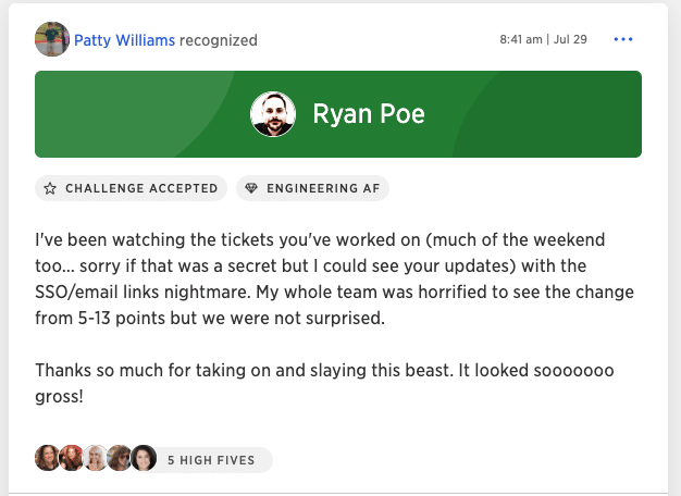 employee recognition example from Patty Williams, Kazoo's queen of recognition