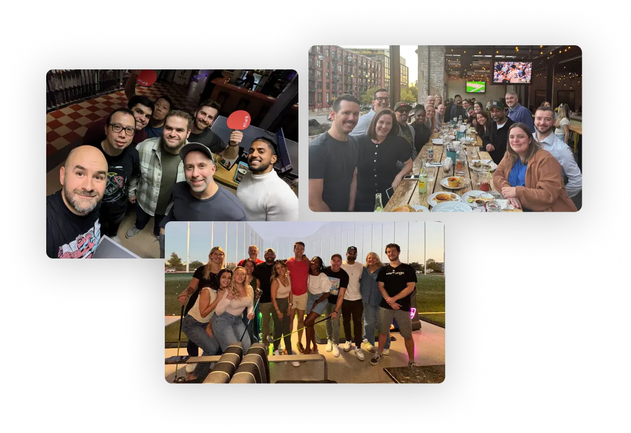 A collage of three group photos: playing ping pong indoors, outdoor dining at a long table, and posing at a golf range at sunset.